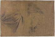 Saint Bartholomew (recto); Study of Drapery and Two Hands (verso), Carlo Bononi (Bonone) (Italian, Ferrara 1569–1632 Ferrara), Black chalk, highlighted with white, on brown washed paper (recto); black chalk (verso)